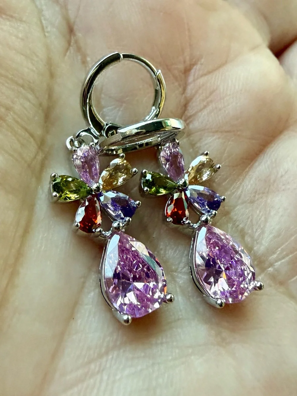 NEW!! Multi-Color Flower Drop Earrings with Pink Teardrop Gem